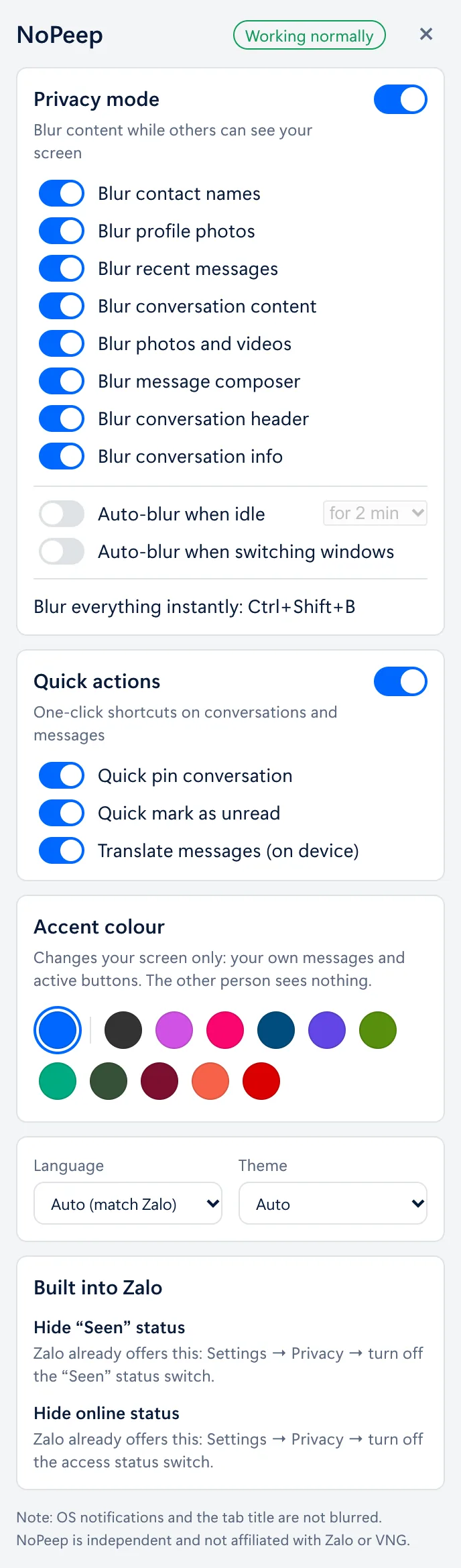 The NoPeep settings panel in light theme, showing privacy mode, quick actions, accent colours, language, theme and the Built into Zalo notes