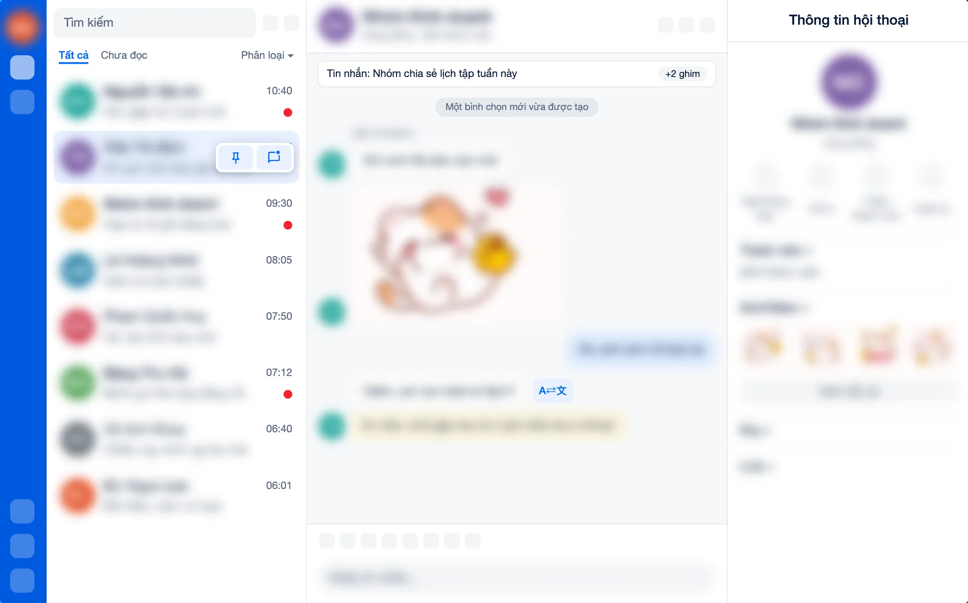 Zalo Web với tên, ảnh và tin nhắn đã được làm mờ